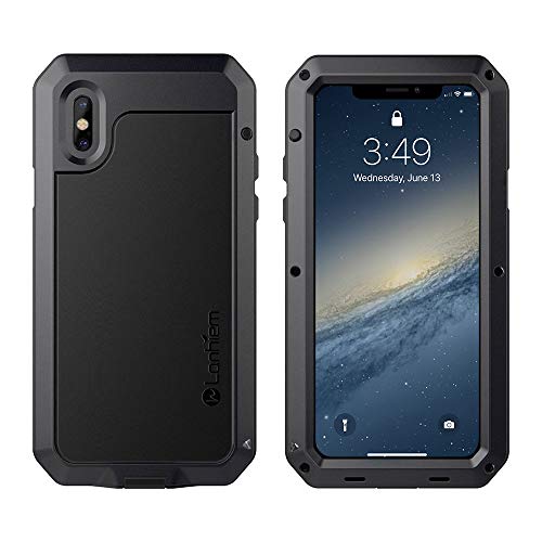 Funda iPhone X, Lanhiem [Rugged Armour] Antigolpes Metal Estuche Protectora, Absorción de Choque y Duradera Fundas con Protector de Pantalla Vidrio Carcasa para iPhone X / 10, Negro