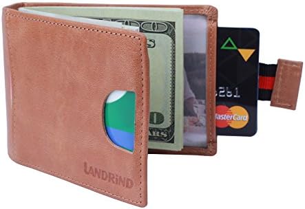 LANDRiND RFID Blocking Genuine Full Grain Leather Front Pocket Slim Bifold Wallets with Money Clip and Pull Tab Design for Men (Brown)