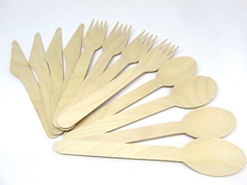 Disposable Wooden Cutlery, Eco Friendly Set of 150 Biodegradable Alternative to Plastic 50 Knives, 50 Forks, 50 Spoons made from Birch Wood