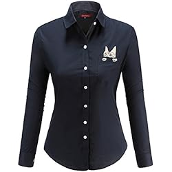 Dioufond Camisas Mujer Manga Larga Estampada de Gato con Bolsillo camiseta y Blusa (azul oscuro 38)