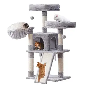 Hey-brother Cat Tree, Cat Tower with Scratching Board,Multi-Level Cat Condo with Basket,Light Grey MPJ009W