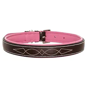 ExionPro Stitched Padded Genuine Leather Heavy Duty Dog Collar - Adjustable for Small Medium Large X-Large Male Female Dogs for Walking Running Training - Havana with Pink Padding