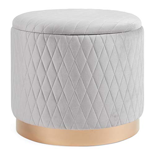 Beautify Quilted Storage Stool - Grey Velvet Round Ottoman Pouffe Box Footrest - Dressing Table Seat