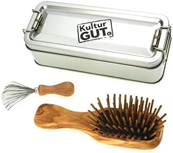 Exclusive ladies present: Mini olive wood hairbrush with wooden pens, including comb cleaner with metal bristles in functional metal box