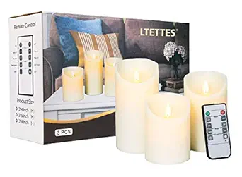 LTETTES Flameless Candle Flickering Real Wax Faux Wick Moving Flame Effect Pillar LED Candles Battery Operated with Remote Controller (Ivory Candle Set of 3)