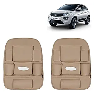 RD Universal PU Leather Car Auto Seat Back Organizer Multi Pocket Travel Storage Bag with Hangers, Tissue Paper and Bottle Holder-Beige Colour Compatible for Tata Nexon (Pack of 2)