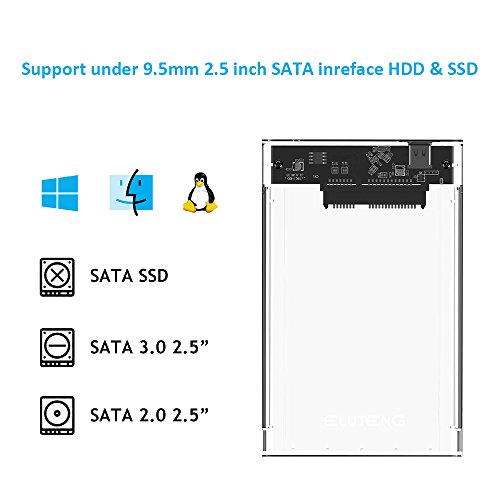 ELUTENG Externe Festplatte USB C 2.5 Zoll HDD Gehäuse Werkzeugloses 2TB USB C Gehäuse für 7 & 9.5mm SATA HDD / SSD USB 3.0 Typ-C Externes Festplattengehäuse Transparent - 3