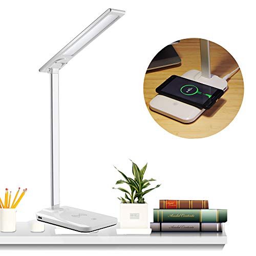 Preisvergleich Produktbild 5W Qi Schreibtischlampe Wireless Charging dimmbare LED Schreibtischlampe Tischlampe Touch Tischleuchte kabelloser Ladestation Lampenarm einstellbar Sanftes Licht Augenschonend Energieklasse A