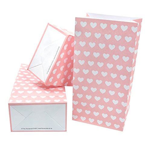 60 Frau Wundervoll Papiertüten (Vorteilsmenge) mit Boden rosa, weiße Herzen, 100 Gramm Papier / Blockbodenbeutel aus Papier / Gastgeschenk Hochzeit