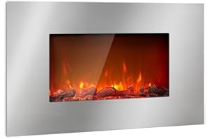KLARSTEIN Lausanne Luxe - Cheminée électrique : 2000W, 2 réglages de Chauffage, Largeur: 90 cm, Effet de Flamme, façade en INOX, luminosité réglable, télécommande, Montage Mural, Argent