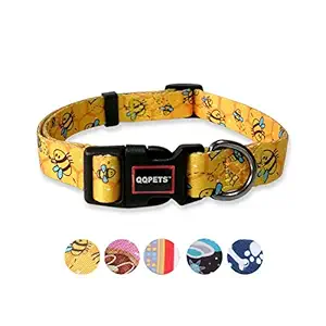 QQPETS Dog Collar Personalized Adjustable Basic Soft Comfortable Pattern Collars for Puppy Small Medium Large Dogs or Cats Outdoor Training Walking Running (XS, Yellow Bee)