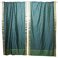 Mogul Interior Green Sari Curtains Rod Pockets Window Treatment Pair Gold Drapes 96x44