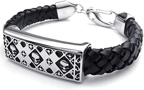 Leather Mens Cuff Bracelet Stainless Steel Skull Charm, Black Silver - 8", 8.5", 9" , with Gift Bag (8'')