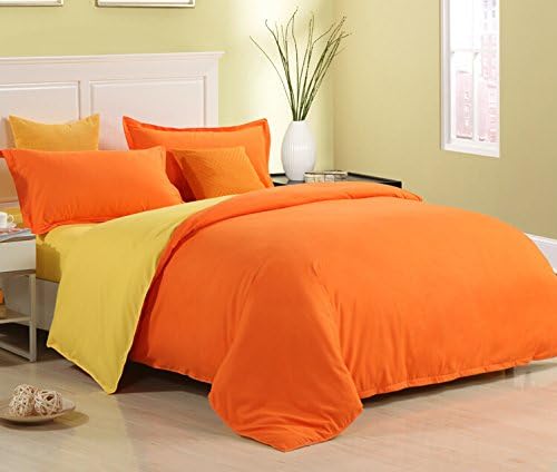 Zhiyuan 4pcs Solid Color Brushed Microfiber Duvet Cover Flat Sheet Pillowcases Set,Orange & Yellow,Queen