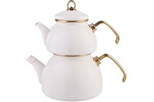 Karaca Set di teiera smaltata retrò, in titanio, 1,1 l, 1,1 kg, pentola per acqua da 2,3 l a 2,3 kg, color crema, adatta per induzione, bollitore per tè turco, bollitore per tè turco