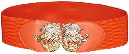 Keleidun Women Golden Leaf Style Elastic Stretch Wide Waist Belt (M(30-35inch), Red)