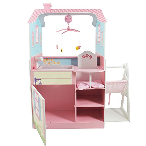 Teamson Kids - All in One 18 inch Baby Doll Nursery Station (Changing Table + Crib + High Chair + Cabinet) with Swing | Wooden 18 inch Doll Furniture