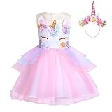 Disfraz de princesa con diadema de unicornio para niña, cuello redondo, sin mangas, debajo de la rodilla, cierre con botones y cremallera a la espalda