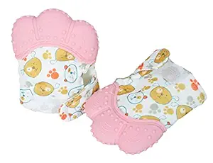 GURU KRIPA BABY PRODUCTS Silicon Teething Mittens FoodGrade Teether Hand Glove Cute Infant Baby Boy and Girl Soft Febric Solid Printed Unisex Rubber Glove Mitten for 0 to 12Months 1 Pair Pink