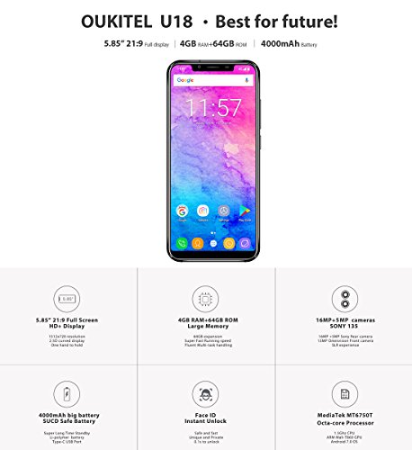 Oukitel Smartphone U18Â sbloccato da 4Â GB + 64 GB, con doppie telecamere posteriori, identificazione facciale + impronte digitali, 5,85â€, Android 7.0,Â MTK6750T Octa Core fino a 1,5Â GHz, supporta rete 4G, doppia SIM