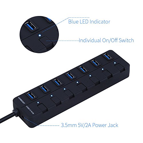 Vemont Super Speed 7-Port USB 3.0 Hub gute Qualität mit einzelnen Power Schalter und LED für Apple MacBook/ MacBook Air/ MacBook Pro/ Mac Mini/ iMac/ MacPro/ Windows Laptops und Ultrabooks - 4
