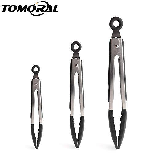 TOMORAL Juego de pinzas de silicona para cocina 7 "9" 12 "Mango de acero inoxidable con agarre antideslizante - Con clip de bloqueo - Resistente al calor