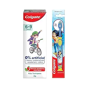 Colgate Toothpaste for Kids (6-9 years), Natural Strawberry Mint Flavour, 0% Artificial- 80g with Kid's Wonder Woman Extra Soft Toothbrush (5+ yrs) - 1 Pc