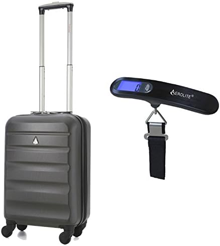 21” 55cm Hard Shell 4 Wheel Spinner Super Lightweight Hand Cabin Luggage Travel Suitcase (Charcoal) with Handheld Portable Electronic Digital Luggage Scales Bundle