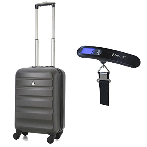 21” 55cm Hard Shell 4 Wheel Spinner Super Lightweight Hand Cabin Luggage Travel Suitcase (Charcoal) with Handheld Portable Electronic Digital Luggage Scales Bundle