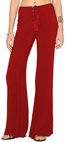 YuanDian Women Summer Casual Solid Color Low Waist Bind Waist Loose Wide Leg Pants Tall Palazzo Elegant Ladies Long Flare Trousers Red 2XL