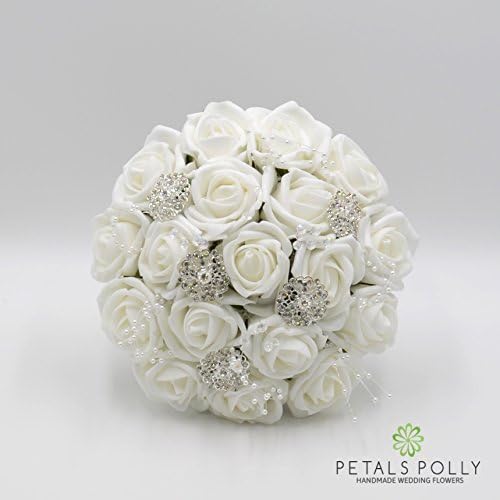 Artificial Wedding Flowers Hand-Made by Petals Polly, White Rose Bridesmaids Posy with Diamante BROOCHES, Pearl Stems & Crystal Stems