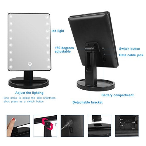 Duomishu Kosmetikspiegel/Make-up-Spiegel/Schminkspiegel mit 16 LEDs + 10 fache Lupe zur Vergrößerung+Silikagel-Puderquaste+ Bedienungsanleitung +USB-Kabel Beleuchteter Dimmbarer 180°Drehbar Schminkspiegel Kosmetik Standspiegel Batteriebetriebe oder mit USB-Kabel(Batterien nicht enthalten) - 2