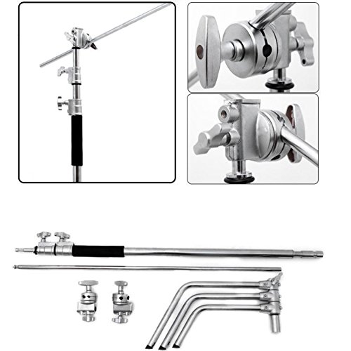 Phot-R 2x Professional Heavy Duty Photo Studio 3-Section 3.25m 325cm Steel Century C-Stand Light Lighting with 1m 100cm Boom Arm 2 Metal Clamp Grip Heads and Detachable Turtle Leg Base Kit Set - Silver