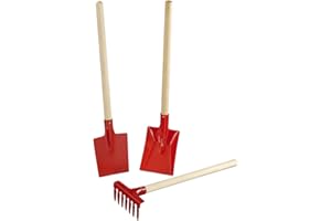 FÜNDIG Lot de 3 ustensiles pour enfant en rouge – Manche 30 cm – composé d'une bêche, d'une pelle, d'un râteau, d'une pelle pour enfant, d'une pelle et d'un râteau