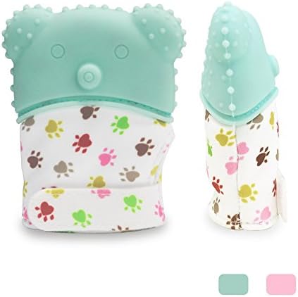 Anbber Baby Teething Glove Mittens Munch Soothing Mitt, Pain Relief Remedy for Sore Gums and Cutting Teeth (3-12 months Baby) 100% Food Grade Silicone (Green Bear)
