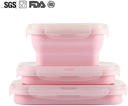 KSHeu Collapsible Silicone Food Storage Container BPA Free Lunch Bento Box with Lid Microwave Freezer and Dishwasher Safe Keep Food Fresh, Set of 3 size 850ml 550ml 350ml-Pink