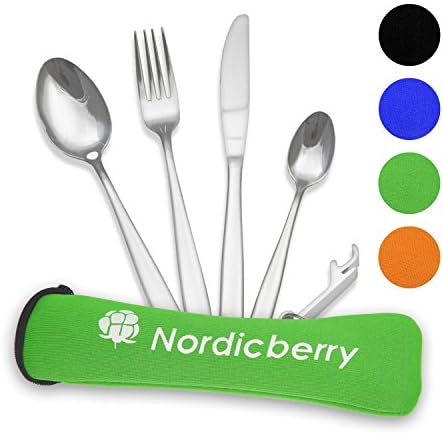 Nordicberry Premium Outdoor Travel and Camping Cutlery Set made of Stainless Steel with Neoprene Case - Ideal for travelling and on the go