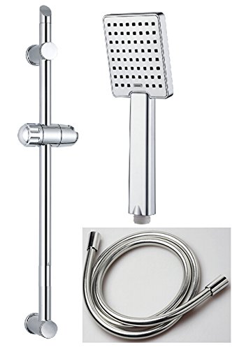 Duschsystem, Brausestange, Duschstange, Länge 600mm + 734C3 Modern Handbrause, Verchromt +Hochwertiger Duschschlauch, Robust, PVC Schlauch 150cm Silber Deluxe