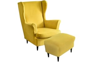 Highdi 2 Teilig Samt Ohrensessel Überzug Mit Ottomane Schonbezug, Sessel-Überwürfe Ohrensessel Schonbezüge Bezug Sesselhusse Stretch Tiger Stuhlbezug mit Armlehne Hohe Rückenlehne (gelb)