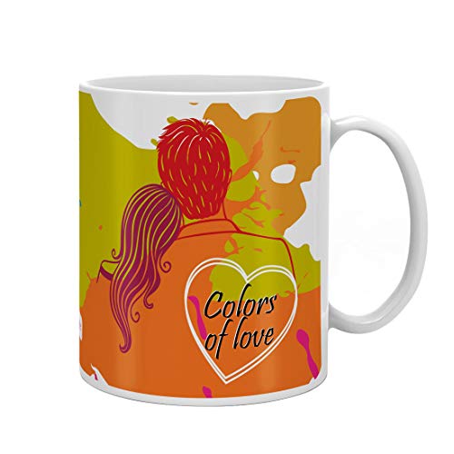 Indigifts Holi Special Colors of Love Quote Hand Drawn Couple Illustrated on Splash of Colors Multi Coffee Mug 330 ml - Holi Gifts, Holi Items, Funky Gifts, Colorful Coffee Mug, Couple Gift, Love Gift