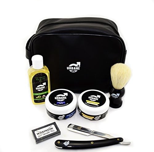 Urbane Men Essential Shaving Kit Gift Set - Pre-Shave Oil, Shaving Cream, Brush, Straight Razor, Post Shave Balm and Leather Case
