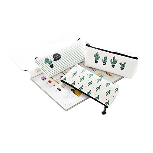 UniM, Niedliches Kaktus-Federmäppchen aus Segeltuch, strapazierfähiges Mäppchen im pastoralen Stil, Make-up-Tasche, 3er-Pack