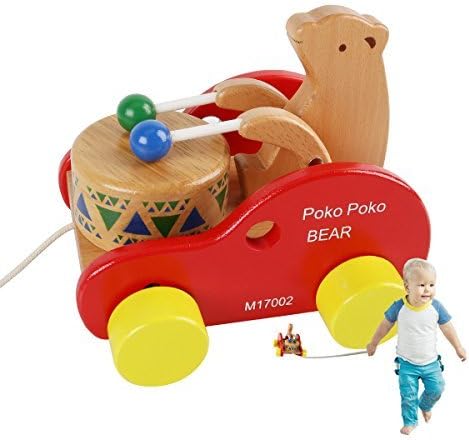 JouerNow Walk-A-Long Bear Knock the Drum Wooden Push and Pull Toy Baby Toddlers Kids