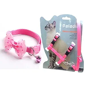 DCM Pet Zone 1Pc Cat Collars with Bow Tie and Bell 1Pc Cat Body Harness Leash Nylon Set 10mm Adjustable Puppy Kitten Or Certain Puppy Necktie Collar, Pack of 2 (Color May Vary)