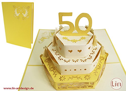 LIN-POP UP Karte Hochzeitskarten, Hochzeitseinladungen, 3D Karte Jahrestag, 3D Karten Grußkarten 50. Hochzeit, 50.Hochzeitjubiliäum Hochzeitsglückwunsch, Torte