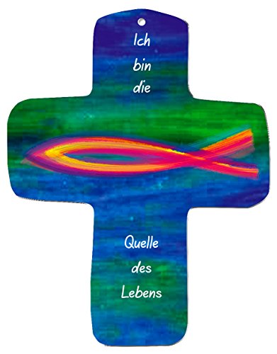metalum Premium-Kreuz aus Metall "Ich bin die Quelle des Lebens" zum Aufhängen - sehr schönes Motiv mit christlichem Fisch Ichtys in intensiven Farben