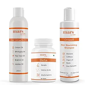 mars by GHC Complete Hair Growth Kit | Hair Growth Oil 200ml | DHT Blocker Shampoo 200ml | Hair Growth Biotin Tablets 60Tab | Complete Solution for Hair Fall (Set of 3)