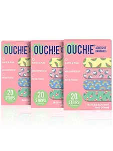 Aya Papaya Ouchie Non-Toxic Printed Bandages Combo Set Of 3 (3 X 20= 60 Pack )- (Pink)