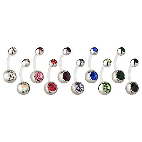 SL-Silver Lot de 10 piercings de nombril en Bioflex et pierres de cristal 10 couleurs