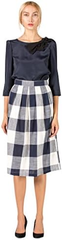Emma Fischer Women's Satin Bowknot 3/4 Sleeve Shirt Plaids Knee-high Skirt Set